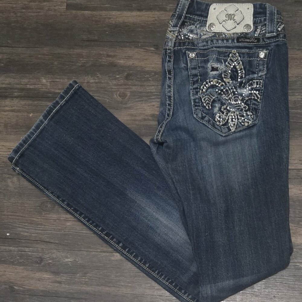 Miss Me Embellished Premium Denim Cotton Blend Slim Fit Low Rise Boot Cut Jeans
